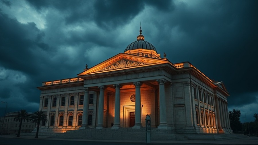 Cinematic view of an Israeli building under stormy skies, reflecting Jewish heritage.