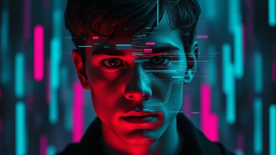 Young man merging with digital glitches, reflecting advanced technology and transhumanism.