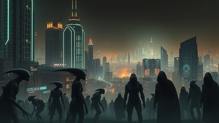 Futuristic cityscape with eerie beings embodies prophecy and supernatural experiences.