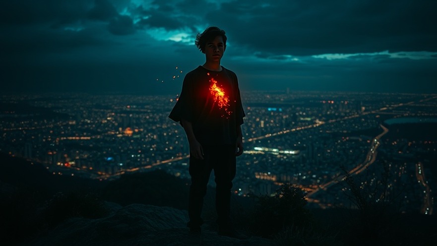 A young man in spiritual warfare stands on a hill, glowing with inner fire amidst a vibrant cityscape.