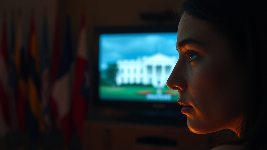 A contemplative woman reflects on global stability insights from Lance Wallnau, watching the White House.