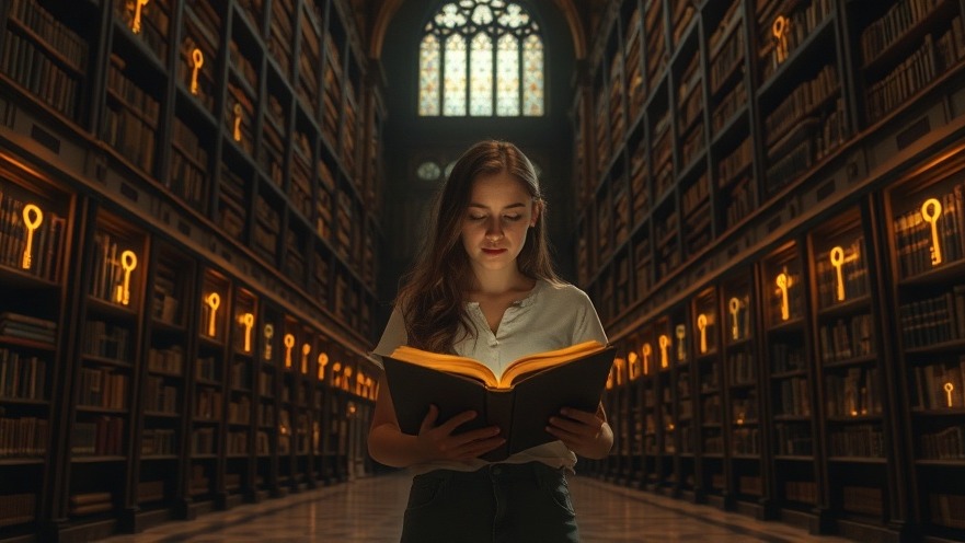 A woman in an ancient library experiences a personal breakthrough, illuminated by divine calling.