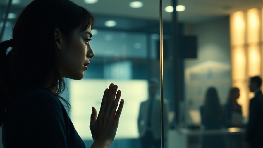 Young woman in a sleek office feels spiritual resistance, pondering authority in Christ.