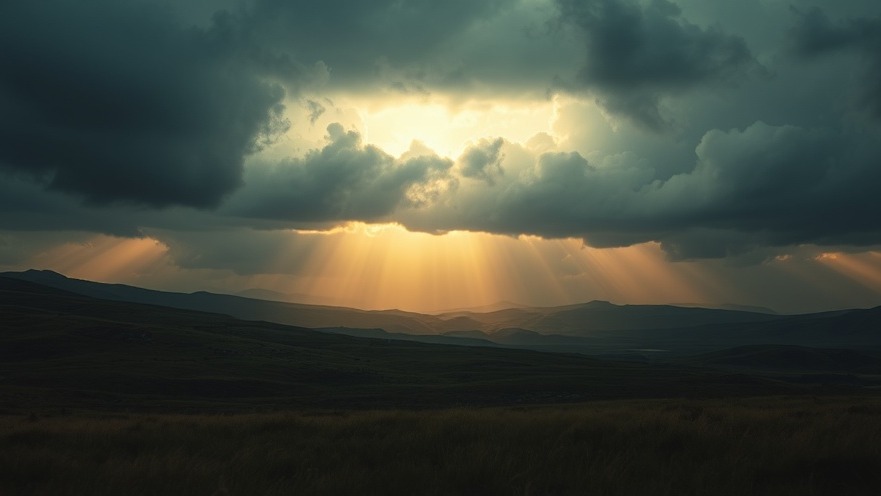 Quiet revival landscape inspired by Jonah story, rich textures and soft dawn light.