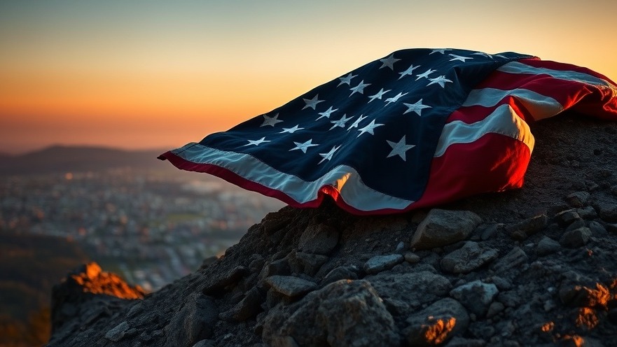 A half-folded American flag on a rocky hilltop at dawn, symbolizing the power of prayer and spiritual warfare.