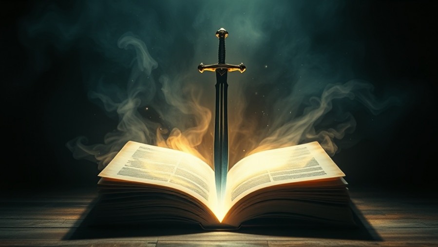 A mystical sword rises from a glowing book, embodying Mario Murillo's Revival and Miracles.