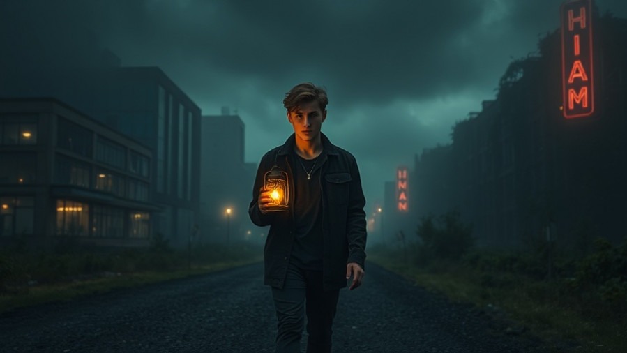 Young man with a lamp on a gravel road, reflecting end-time prophecy and deception in faith.