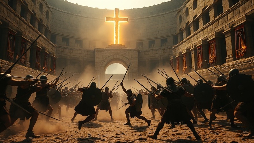 Warriors in fierce combat at an amphitheater, symbolizing Peter's denial.