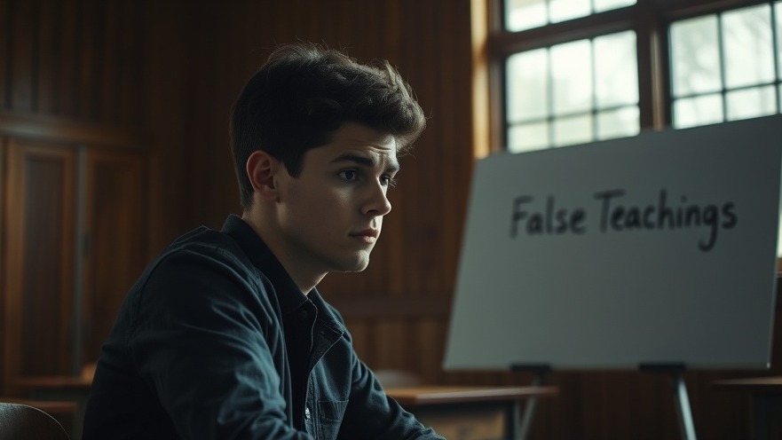 Young adult reflecting on false teachings in a serene classroom, guided by Rick Renner's insights.