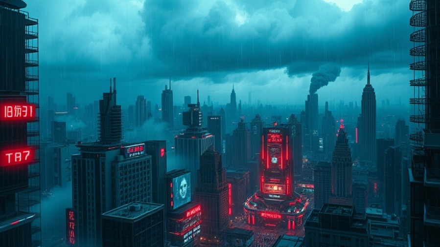 Futuristic cyberpunk city with neon lights, reflecting Rick Renner's prophetic insights.
