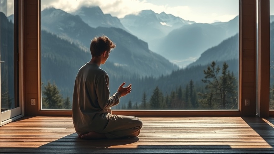 Powerful prayer in nature: a figure in devotion with Rocky Mountains backdrop.