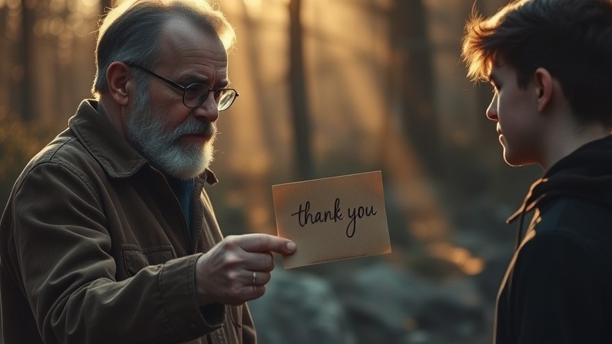 A mature man hands a letter to a young adult, symbolizing Community in Faith.