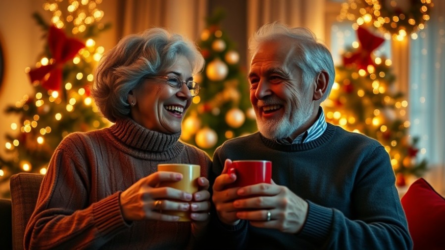 Joyful couple in festive setting sharing Christmas blessings together.