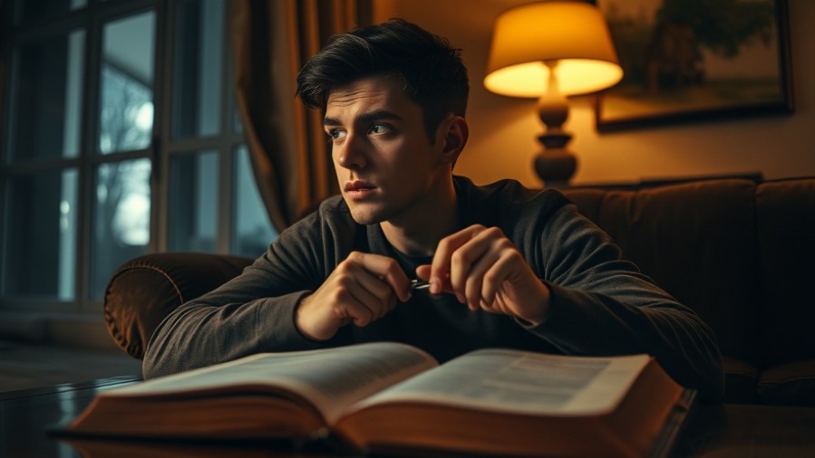 Young man deep in thought with faith victory, sharpening a switchblade by an open Bible.