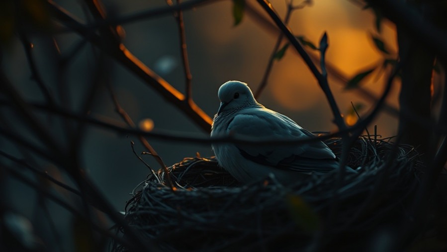 A solemn dove in its nest, embodying sadness, evoking Rick Renner's Spiritual Warfare themes.