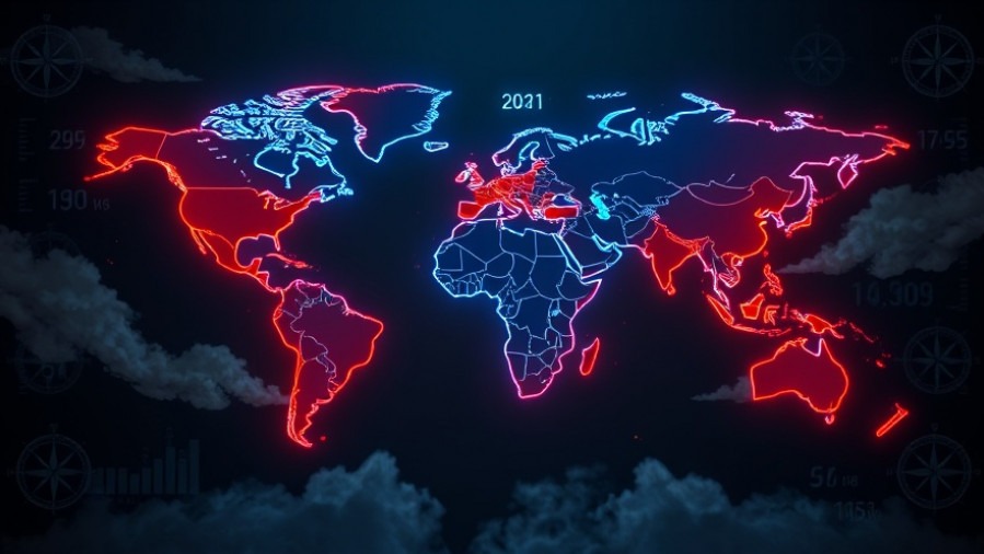 Cinematic digital world map with vibrant neon outlines, reflecting biblical prophecy themes.