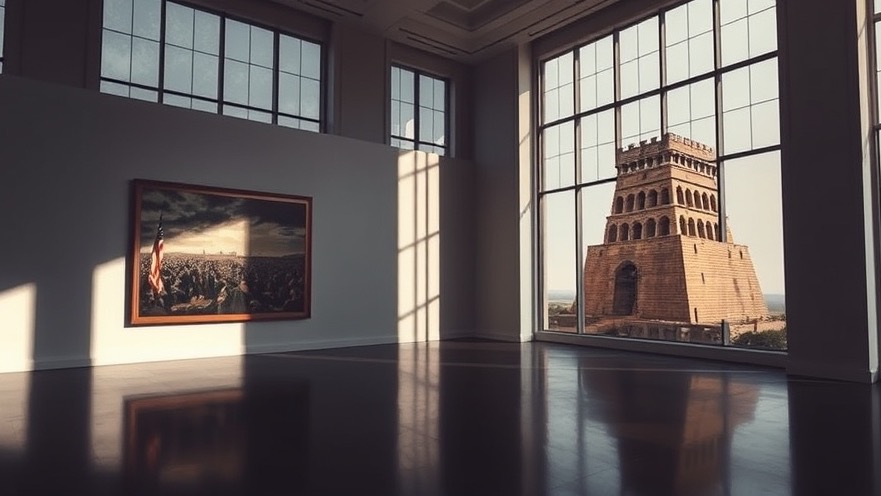 Art gallery showcasing a 1917 battlefield painting and Tower of Babel, reflecting themes of military intervention in cities.