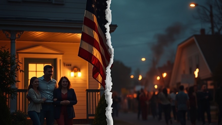 Cinematic divide of two realities: family warmth vs. protest chaos, symbolizing spiritual warfare.
