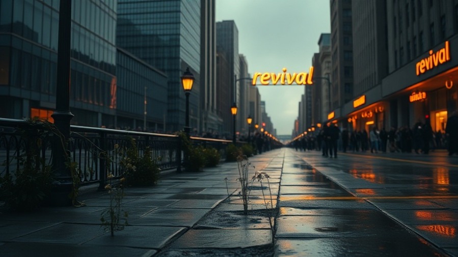 Revival in a rain-soaked city, reflecting spiritual warfare and renewal through nature.