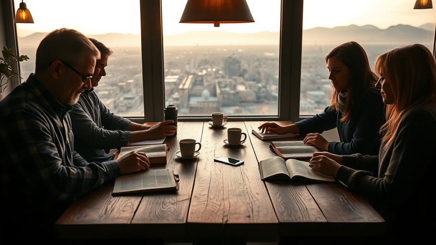Revival movement scene with prophetic believers studying the Bible in a cozy coffee shop.