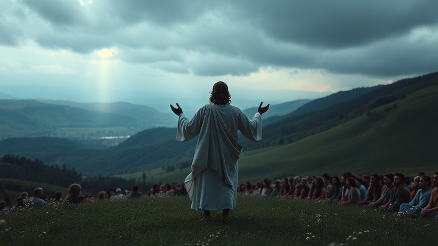 Jesus teaches a crowd on a hillside, embodying miracles and healings in a serene setting.