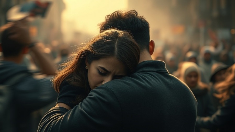 A young woman finds solace in a friend's embrace; the power of prayer amid chaos.