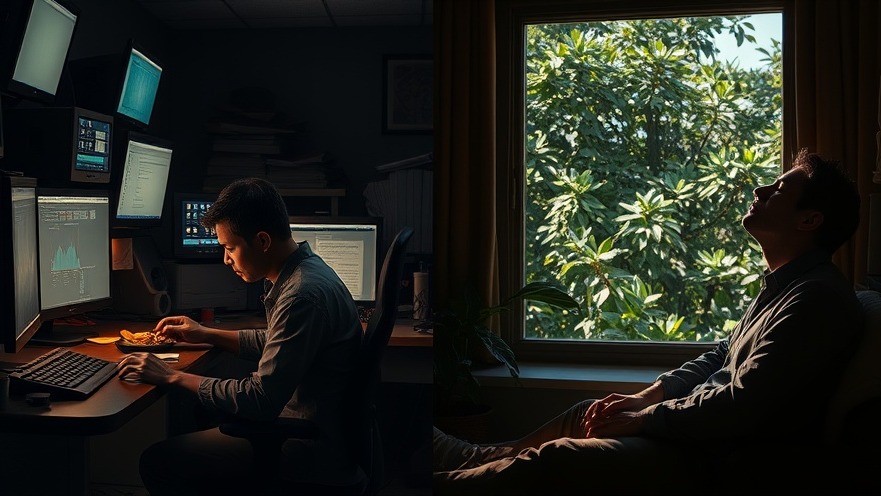 Contrasting lives: A man in stress during work vs. another finding spiritual growth and peace.