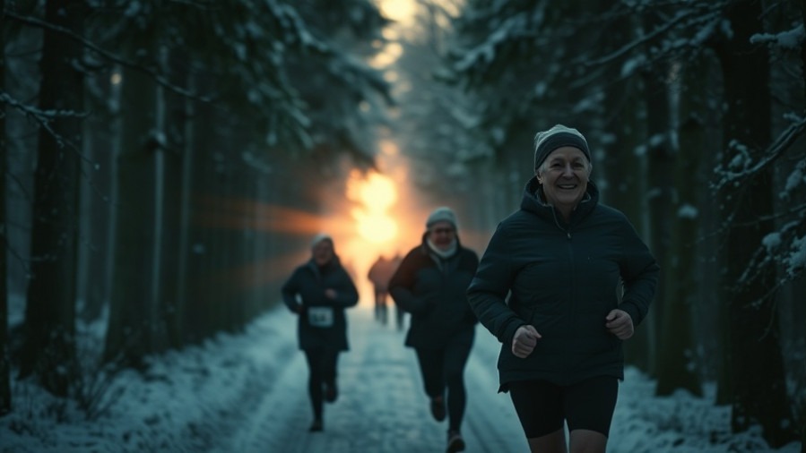 Runners in their fifties embodying faith and longevity on a snowy marathon trail.