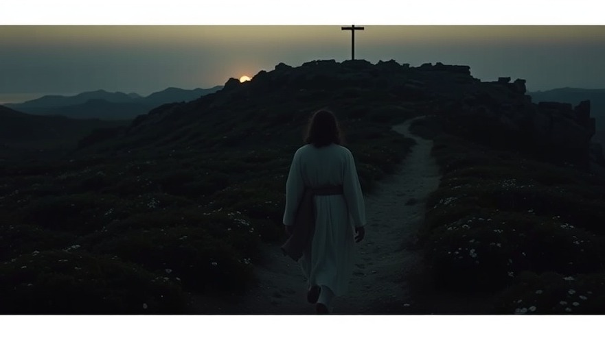 Jesus Christ walks toward a cross, embodying peace in adversity amid dark landscape.
