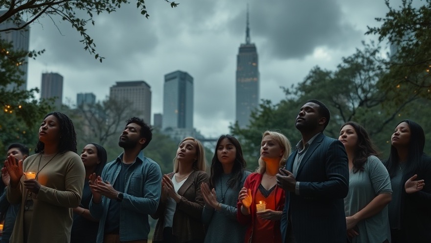 Diverse group united in prayer for spiritual warfare in NYC amid stormy skies.