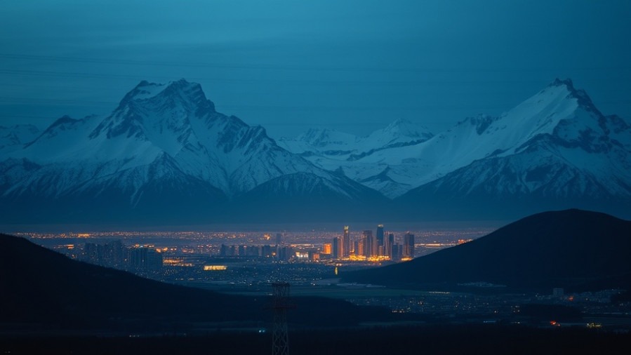 Cinematic dusk scene of urban skyline with snow-capped mountains, evoking spiritual warfare.
