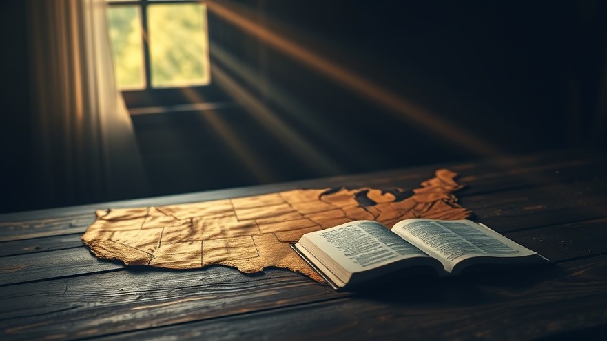 Cinematic scene for National Day of Prayer with Bible and historic map of America.