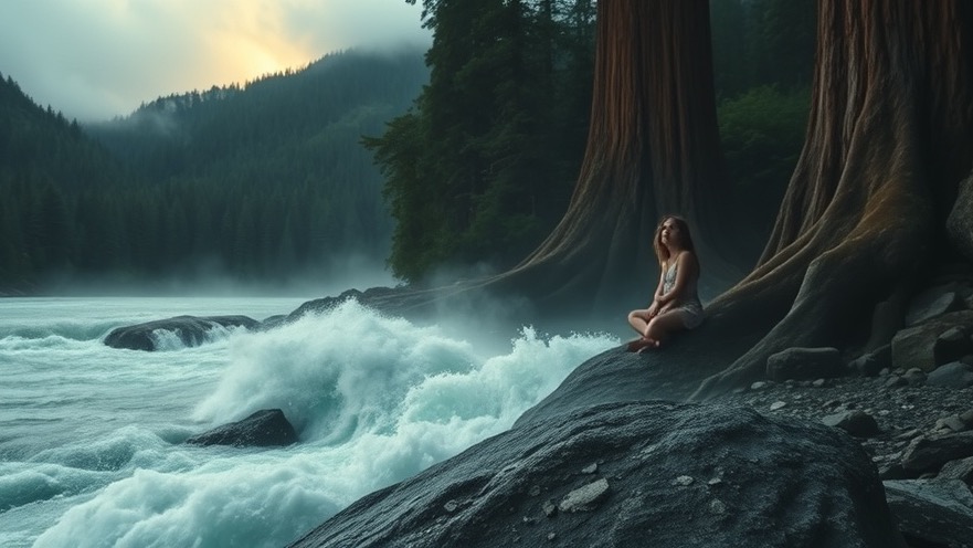 A serene individual finds spiritual resilience by a gushing river, embodying quiet strength.