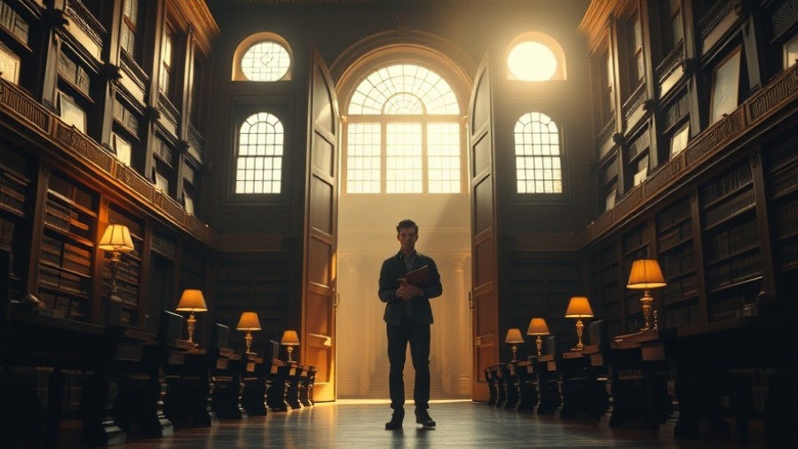 Nervous young man enters Harvard's study hall, embodying faith-driven ambition.