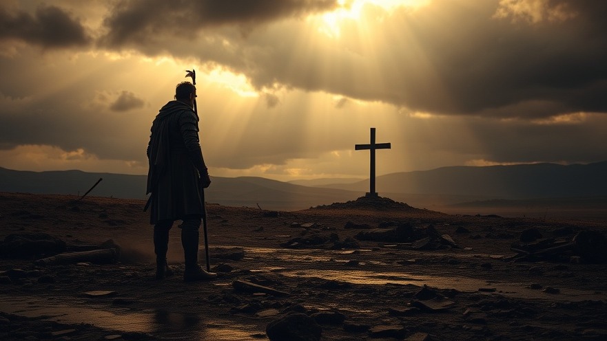 A solitary figure embodies Christian courage in a rugged landscape, symbolizing the power of prayer amidst cultural decay.