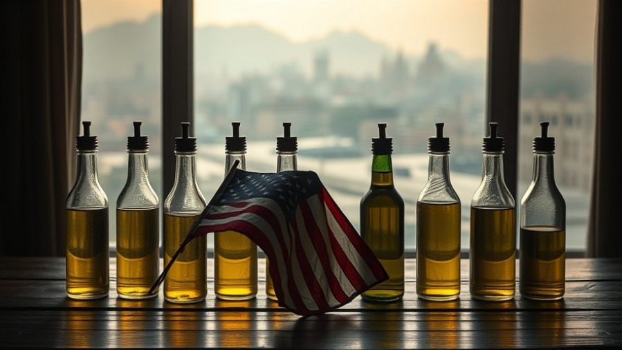 Cinematic scene of glass bottles with oil, symbolizing Venezuelan resources in a geopolitical context.