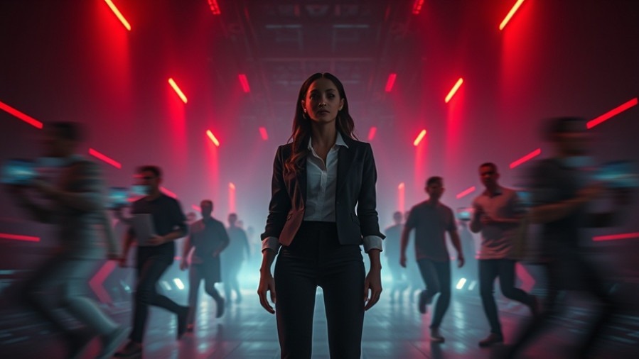 Confident woman embodies spiritual change amid a fast-paced, dynamic background.