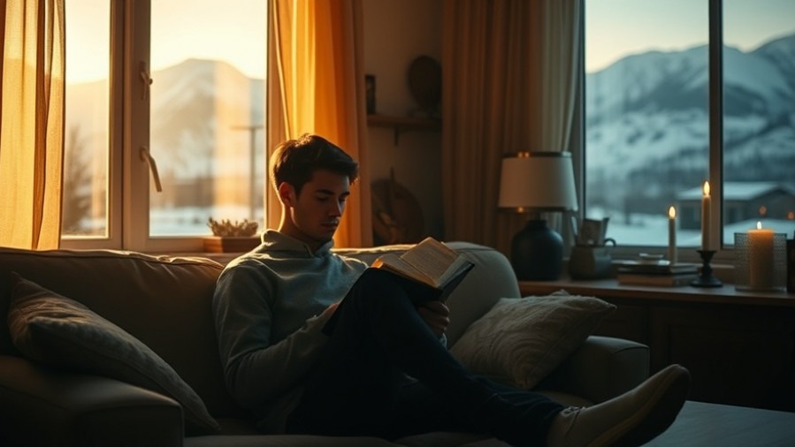 Young man reading Bible in warm, tranquil space, embodying spiritual transformation.