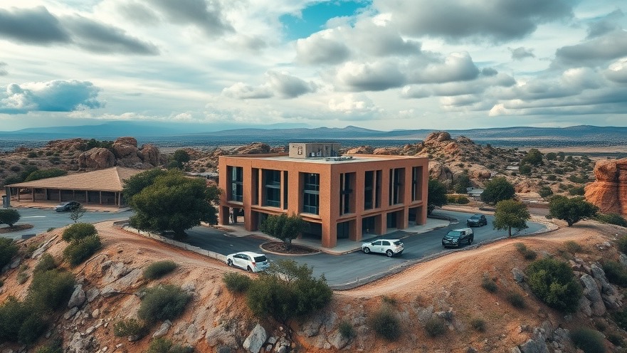 A modern building amidst a scenic rocky countryside, embodying faith-driven growth.