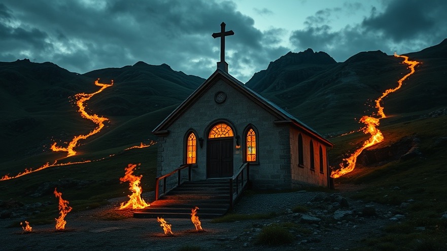 Revival in a dusk scene, flames rise around a Pentecostal church, embodying joy in faith.