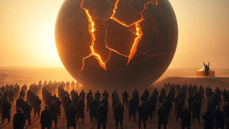 A cracked globe over a war-torn desert symbolizes peace negotiations and faith-driven action.