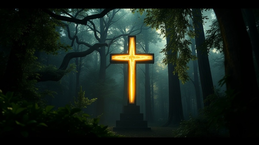 A glowing cross in a mystical forest symbolizes faith and God's promises.