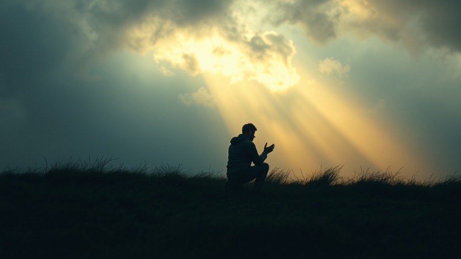 A man kneeling in prayer on a hill, embracing personal breakthroughs and spiritual warfare.