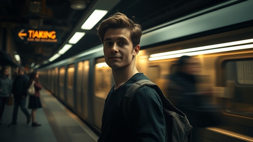 A young man stands calmly at a subway platform, embodying spiritual growth amidst the chaos.