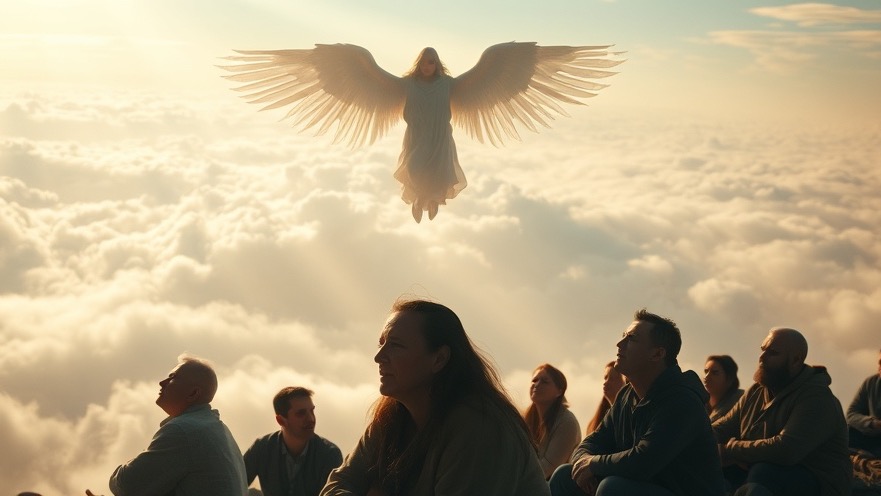 A serene scene of spiritual warfare featuring an ethereal angel above a group of faith-driven Christians.