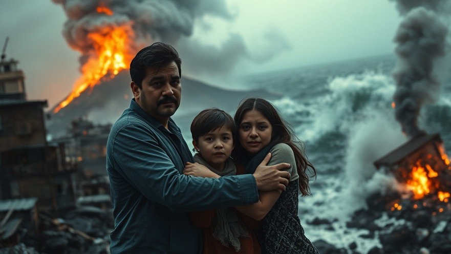 Fearful family embraces amid a volcanic event, capturing global health concerns.