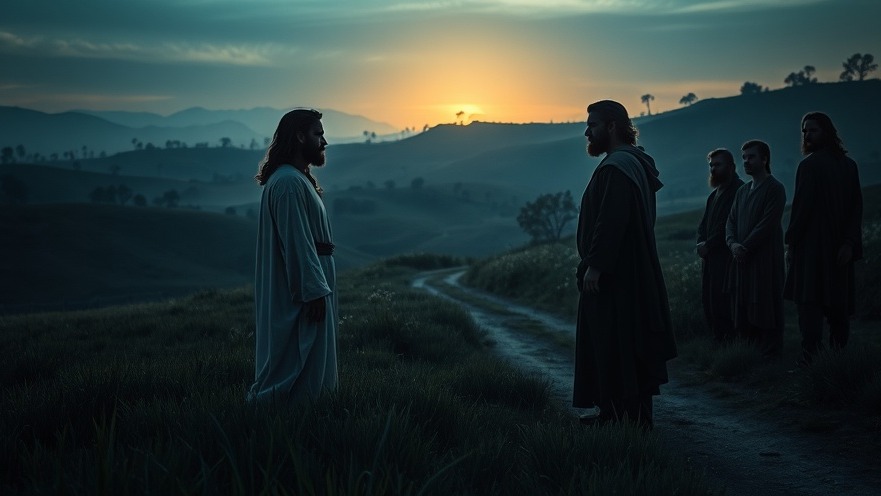 Jesus confronts Judas Iscariot at dawn, symbolizing betrayal in the Bible.