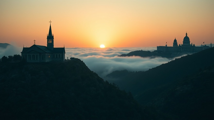 Cinematic dawn view of church and government, symbolizing Dutch Sheets' faith in politics.