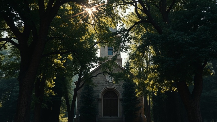 Cinematic photo of a church in lush greenery, symbolizing community support and healing prayer.