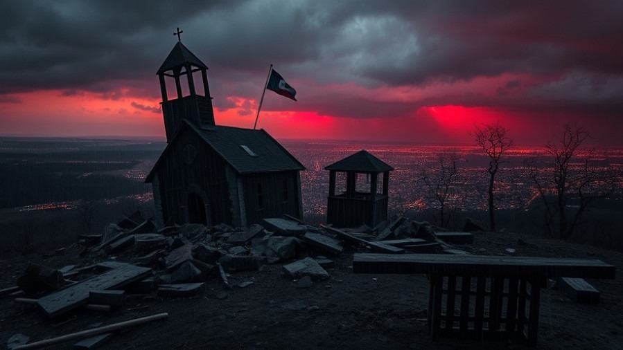 Cinematic view of a broken church symbolizing spiritual warfare and revival.